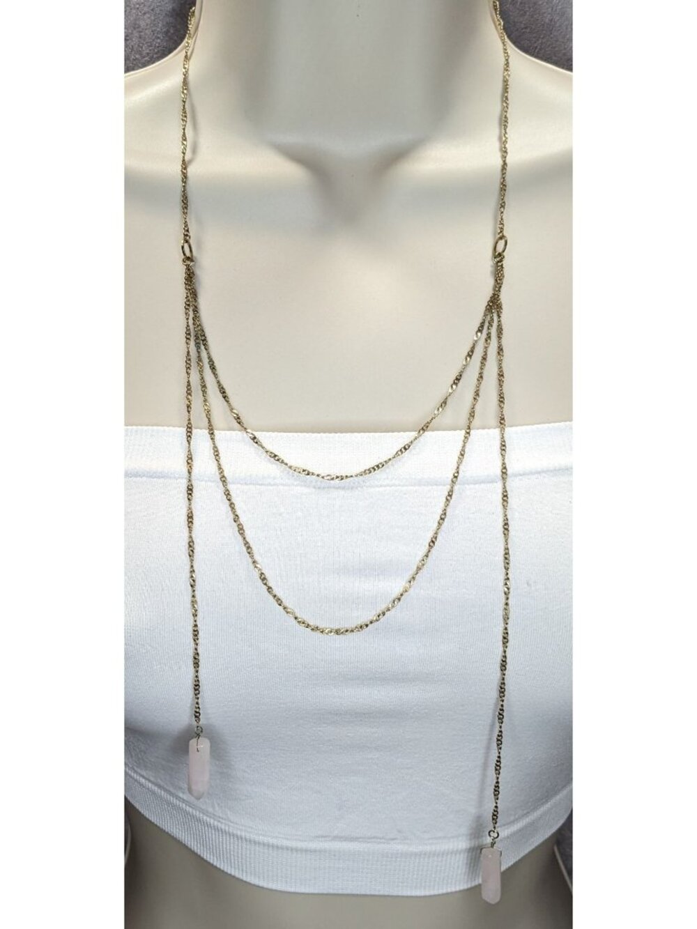 Boho Y2K Sugarfix Rose Quartz Double Drop Gold Layered Chain Necklace